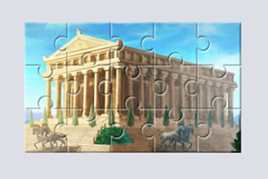 Puzzle cu un templu antic cu coloane, cai și trăsuri pe fundal albastru