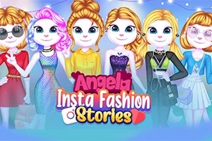 Șase personaje stilizate în picioare, îmbrăcate în ținute colorate de modă, cu inscripția Angela Insta Fashion 8 Stories în centru