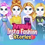Șase personaje stilizate în picioare, îmbrăcate în ținute colorate de modă, cu inscripția Angela Insta Fashion 8 Stories în centru