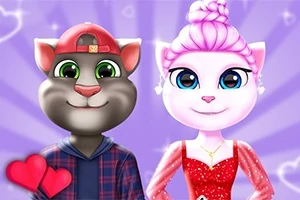 Două personaje de desene animate, un motan gri cu șapcă și o pisică albă cu păr roz, îmbrăcată într-o rochie roșie sclipitoare, pe un fundal violet cu inimi