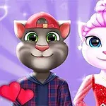 Două personaje de desene animate, un motan gri cu șapcă și o pisică albă cu păr roz, îmbrăcată într-o rochie roșie sclipitoare, pe un fundal violet cu inimi