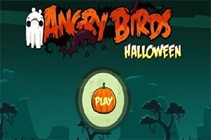 Ecran de start cu tema de Halloween, având un fundal întunecat și un buton portocaliu cu un dovleac și textul Play