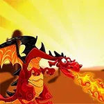 Dragon roșu scotând foc pe un fundal deșertic luminat de un cer galben strălucitor