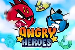 Personaje colorate sub formă de păsări furioase într-un stil de desen animat, cu cuvântul Angry Heroes afișat central pe fundalul unui cer albastru