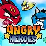 Personaje colorate sub formă de păsări furioase într-un stil de desen animat, cu cuvântul Angry Heroes afișat central pe fundalul unui cer albastru