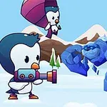 Un pinguin desenat ține o armă de jucărie, confruntându-se cu o creatură de gheață, în timp ce alt pinguin zboară cu un parașută deasupra, pe un fundal de peisaj de munte înzăpezit
