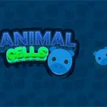 Text albastru și verde neon scrie ANIMAL CELLS lângă mai multe iconițe albastre circulare pe un fundal albastru închis