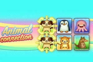 Ilustrație cu cinci desene animate de animale, inclusiv doi cățeluși, un pinguin, o caracatiță, un leopard și un cangur, pe un fundal colorat, cu textul Animal connection