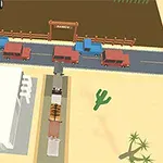 Imaginea prezintă o scenă dintr-un deșert, cu o șosea cu mașini roșii și albastre, garduri din lemn, un cactus și câțiva copaci în fundal