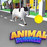 O vacă animată aleargă pe un drum colectând monede aurii, cu case și copaci pe fundal