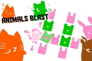 Pisici și iepurași stilizați în culori vii, cu textul Animals Blast alături