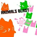 Pisici și iepurași stilizați în culori vii, cu textul Animals Blast alături