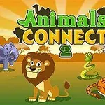 Un leu, un elefant, un șarpe, o zebră și un tigru sunt desenați pe un fundal cu un apus de soare și siluete de copaci, cu textul Animals Connect 2 deasupra
