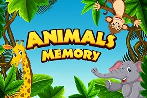 O maimuță, o girafă și un elefant desenați într-un decor de junglă cu frunze verzi și un cer albastru