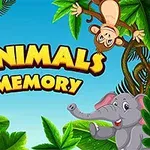 O maimuță, o girafă și un elefant desenați într-un decor de junglă cu frunze verzi și un cer albastru