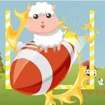 Un miel desenat ține un ou roșu cu dungi albe în fața unui peisaj rural cu copaci și un hambar