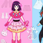 Două personaje animate îmbrăcate în costume colorate, cu fundaluri roz și albastru deschis, alături de elemente vestimentare interschimbabile