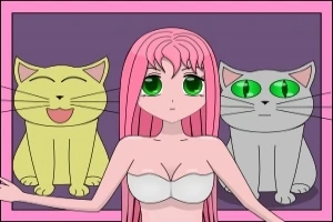 Fată cu păr roz și ochi verzi, flancată de două pisici mari, una galbenă și una gri, în stil anime, pe un fundal violet cu ramă roz