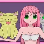 Fată cu păr roz și ochi verzi, flancată de două pisici mari, una galbenă și una gri, în stil anime, pe un fundal violet cu ramă roz