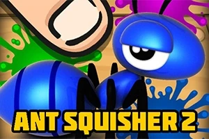 Un furnică albastră desenată și un deget mare ilustrat pe un fundal colorat cu stropi verzi și mov, având textul Ant Squisher 2