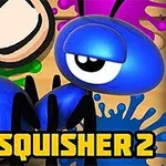 Un furnică albastră desenată și un deget mare ilustrat pe un fundal colorat cu stropi verzi și mov, având textul Ant Squisher 2