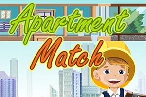 Băiat zâmbitor cu pălărie galbenă și text colorat Apartment Match pe fundal de oraș și camere de apartament