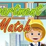 Băiat zâmbitor cu pălărie galbenă și text colorat Apartment Match pe fundal de oraș și camere de apartament