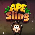 Textul Ape Sling în culori mari și luminoase, cu o maimuță desenată stilizat agățată dedesubt pe un fundal întunecat