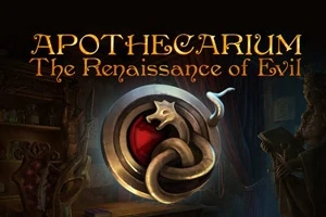 Siglă cu un dragon într-un cerc, în fundal un interior misterios slab luminat, cu titlul „Apothecarium: The Renaissance of Evil” sus