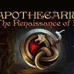 Siglă cu un dragon într-un cerc, în fundal un interior misterios slab luminat, cu titlul „Apothecarium: The Renaissance of Evil” sus