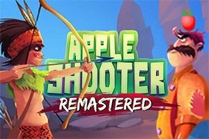 Arcaș în haine tradiționale țintind un măr pe capul unui bărbat cu mustață, cu text Apple Shooter Remastered pe fundal