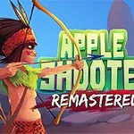Arcaș în haine tradiționale țintind un măr pe capul unui bărbat cu mustață, cu text Apple Shooter Remastered pe fundal