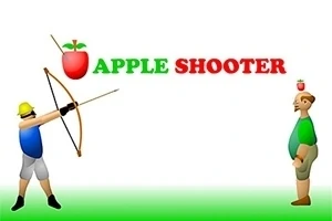 Un arcaș țintește un măr aflat pe capul unei persoane, având textul Apple Shooter deasupra