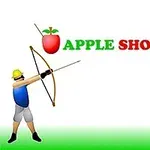 Un arcaș țintește un măr aflat pe capul unei persoane, având textul Apple Shooter deasupra