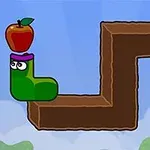 Un personaj verde cu ochi mari, purtând o bandană violet, echilibrează un măr pe cap, pe o platformă maro în zigzag