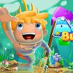 Personaj cu păr blond sub apă alături de logo-ul Aqua Blocks, înconjurat de corali și blocuri colorate