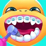 Personaj animat cu aparat dentar albastru, zâmbind larg, în timp ce i se curăță dinții cu un dispozitiv roz
