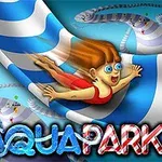 Personaj în costum de baie roșu alunecând pe un tobogan acvatic albastru cu alb