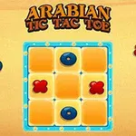 Un joc de tip X și O cu design tematic arab, având simboluri albastre și roșii plasate pe o tablă portocalie cu margini albastre