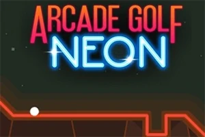 Text neon colorat Arcade Golf Neon deasupra unui fundal întunecat cu o bilă albă și linii roșii