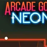 Text neon colorat Arcade Golf Neon deasupra unui fundal întunecat cu o bilă albă și linii roșii