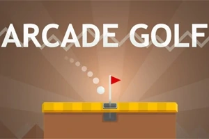 Textul „ARCADE GOLF” deasupra unei platforme maro cu un steag roșu și o minge de golf în mișcare
