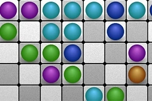 Bile colorate aranjate pe un grid de pătrate gri, cu bile mov, verzi, albastre și o bilă maro