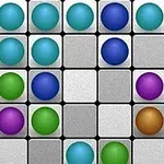 Bile colorate aranjate pe un grid de pătrate gri, cu bile mov, verzi, albastre și o bilă maro