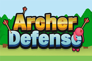 Text colorat care spune Archer Defense cu săgeți înfipte și un fundal de pădure