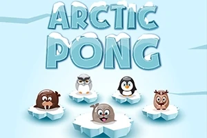 Textul Arctic Pong deasupra unor animale desenate, inclusiv un câine de mare, bufniță, pinguin, și ren, așezate pe banchize de gheață
