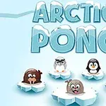 Textul Arctic Pong deasupra unor animale desenate, inclusiv un câine de mare, bufniță, pinguin, și ren, așezate pe banchize de gheață