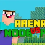 Personaje pixelate într-un peisaj virtual cu textul Arena: Noob vs Pro