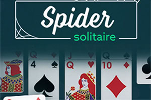 Imaginea prezintă cărți de joc aranjate vertical și orizontal, cu simboluri precum damă și culori diferite de inimi și carouri, având deasupra textul Spider Solitaire