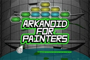 Textul „Arkanoid for Painters” este plasat peste un fundal cu blocuri colorate pe un perete curbat și o platformă verde în partea de jos